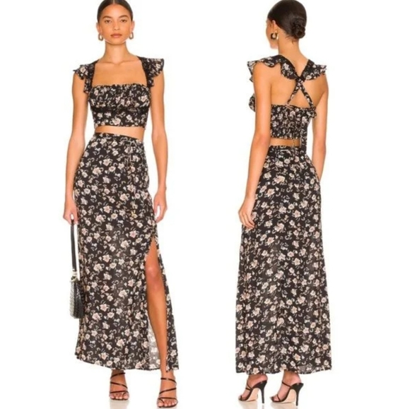 SOLD Free People Bijou Set Black Combo Floral Flutter Top & Maxi Skirt 6 - Picture 1 of 9
